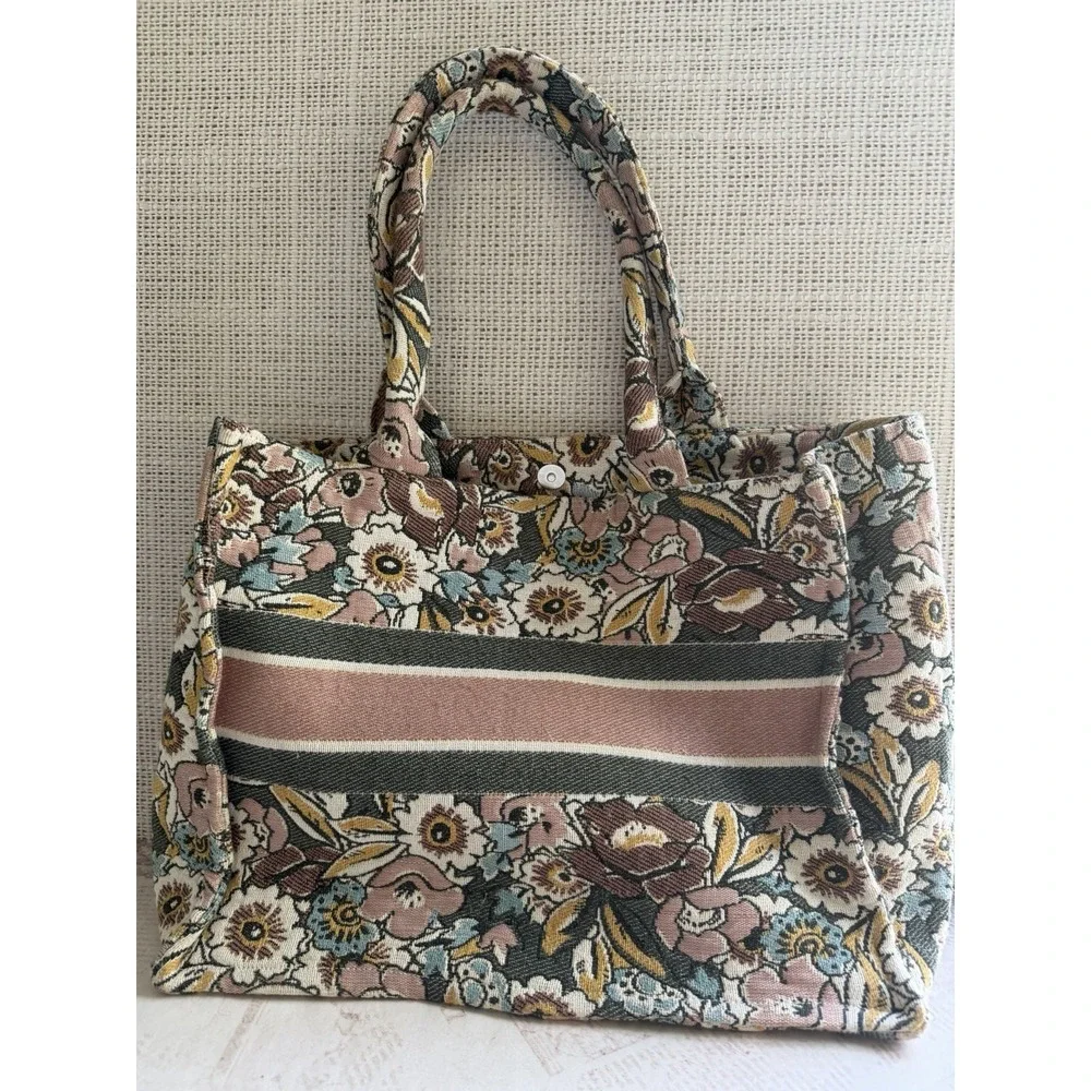 Nalini Floral Tapestry Canvas Stripe Square Tote Bohemian Grandmacore